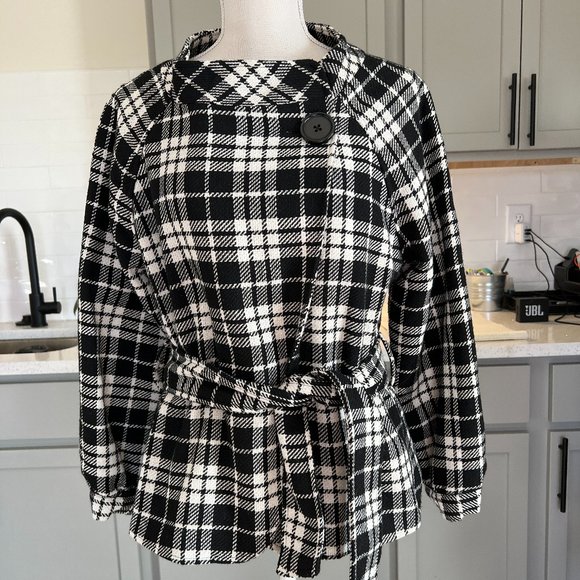 Worthington Black White Plaid Blazer with Button Detail Self Adjusting Tie Large - Picture 2 of 9